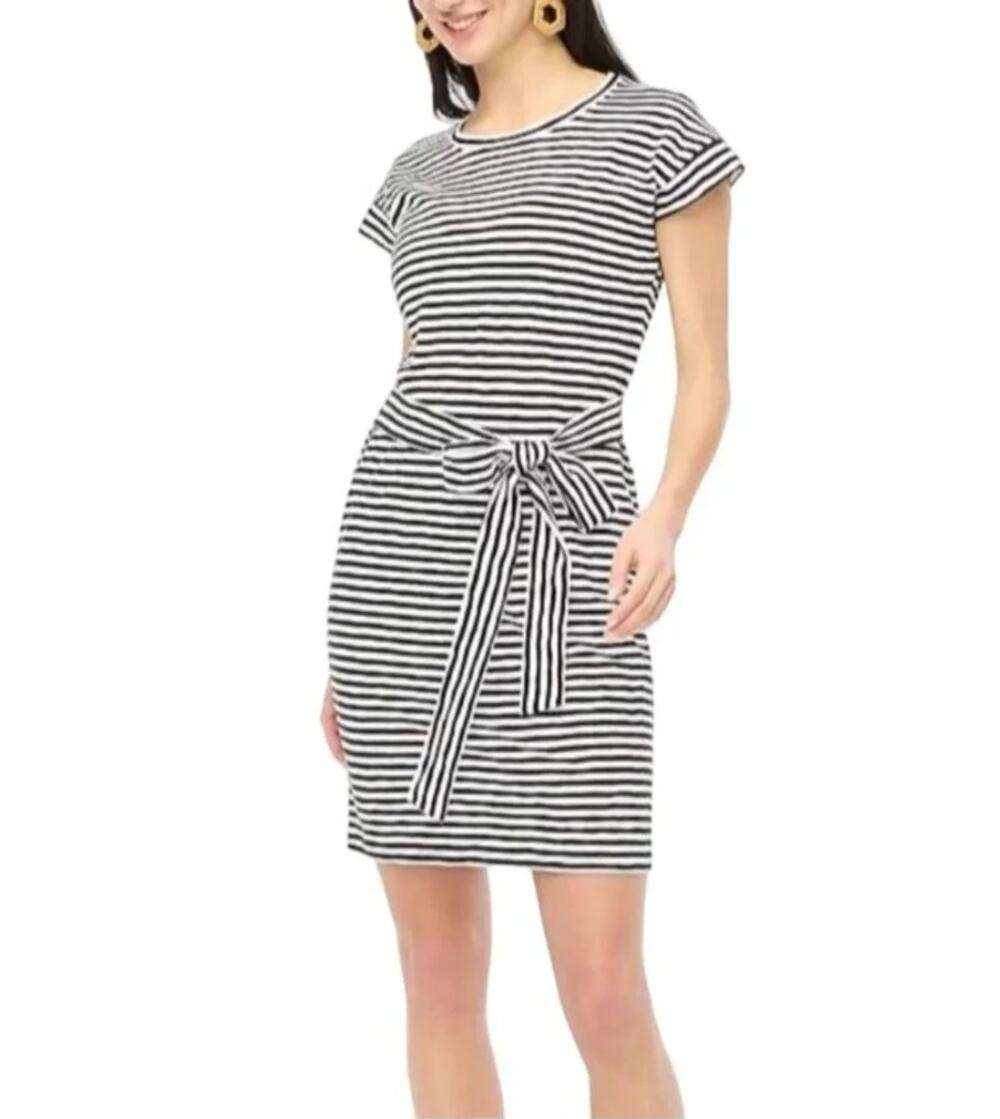 2/$30 J. Crew Striped Tie-Waist T-Shirt Dress Black White BI143 Size S